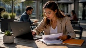 Woman studying cybersecurity training materials at coworking table