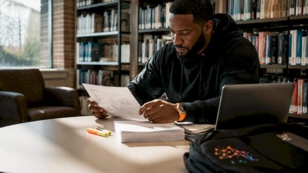 Veteran studying cybersecurity training materials in classroom