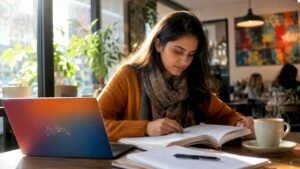 Woman studying for IT certification at home desk