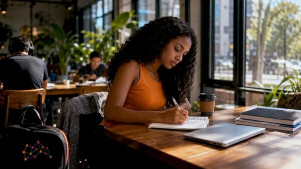 Young woman studying cybersecurity apprenticeship materials