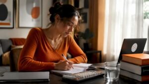 Woman studying cybersecurity training materials at home