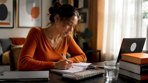 Woman studying cybersecurity training materials at home