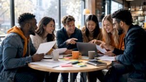 Diverse group collaborating at study table