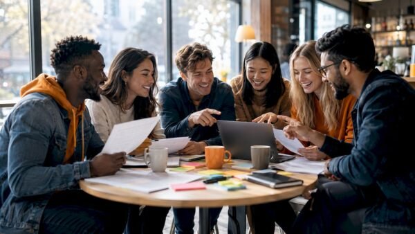 Diverse group collaborating at study table