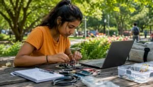 Woman assembling cybersecurity training hardware