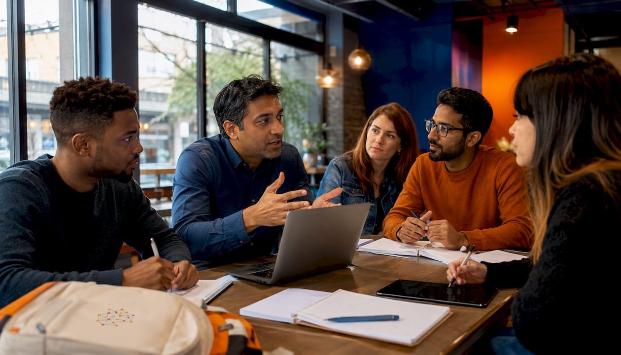 Cybersecurity class with instructor and adult students