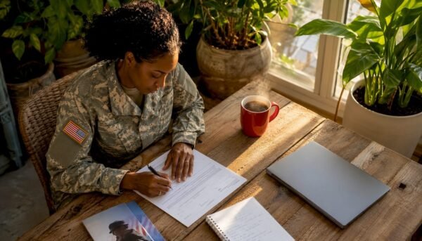 Veteran woman filling enrollment forms at home desk