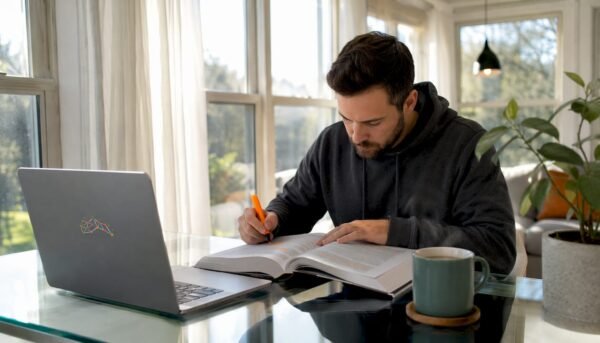 Security engineer studying for CASP+ exam at home desk
