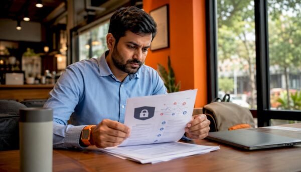 Man reviewing cloud security documents at home desk