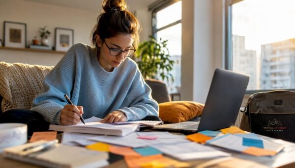 Woman studying Security+ exam materials