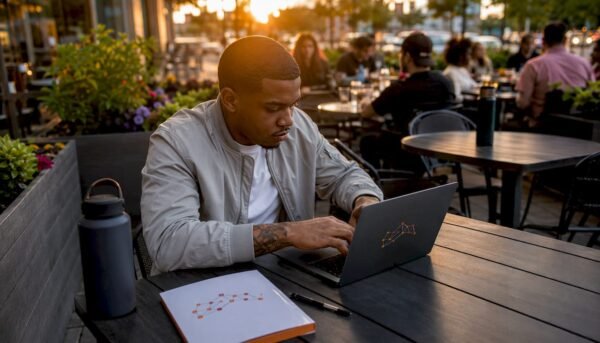 Veteran engaged in cybersecurity learning at co-working space