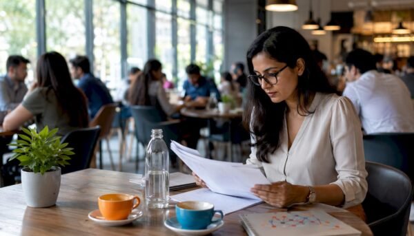 Woman reviewing security training materials at desk