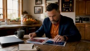 Veteran reviewing CompTIA and SANS training brochures