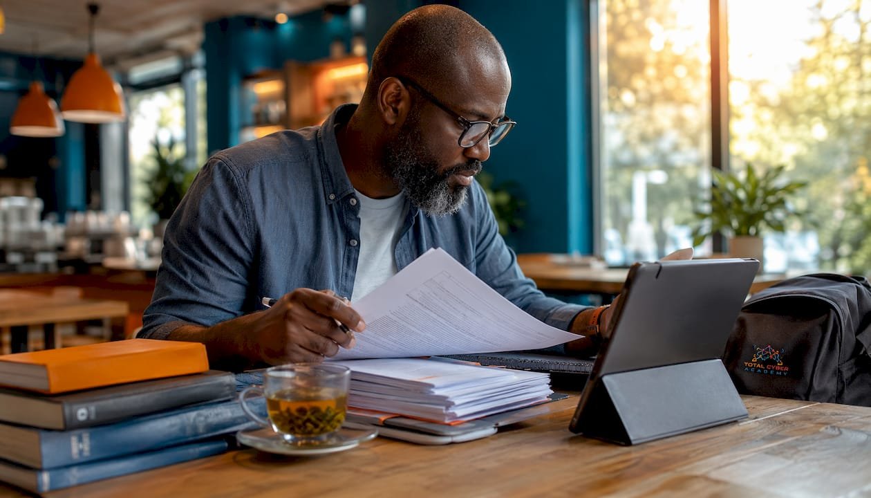 Man organizing pentesting exam report documents