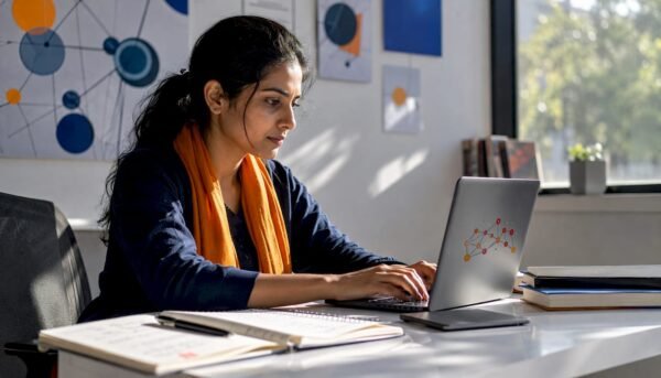 Woman studying practical pentesting on laptop