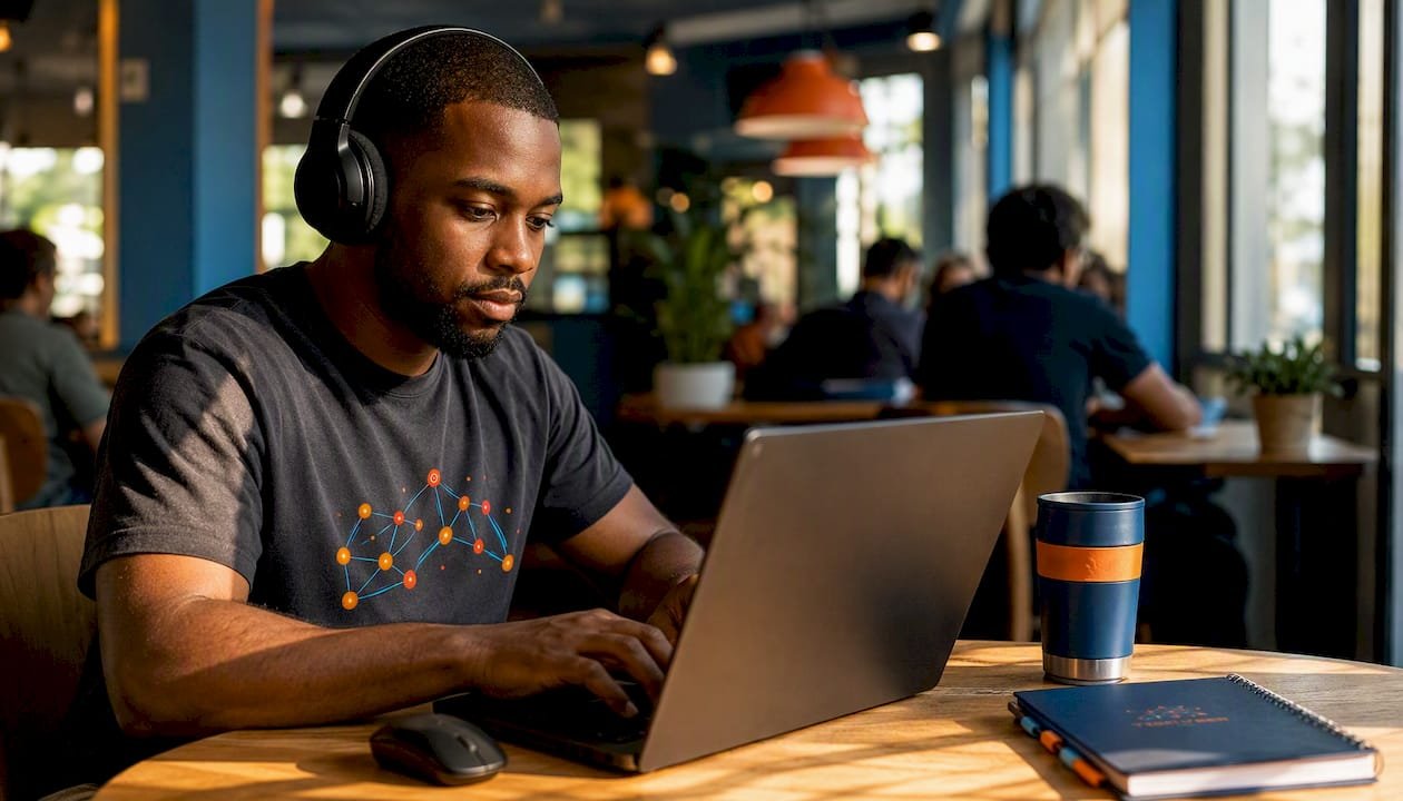 Man browsing NICCS cybersecurity training catalog on laptop