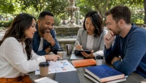 Team discussing NICE cybersecurity education mission in office