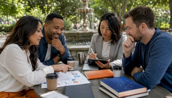 Team discussing NICE cybersecurity education mission in office