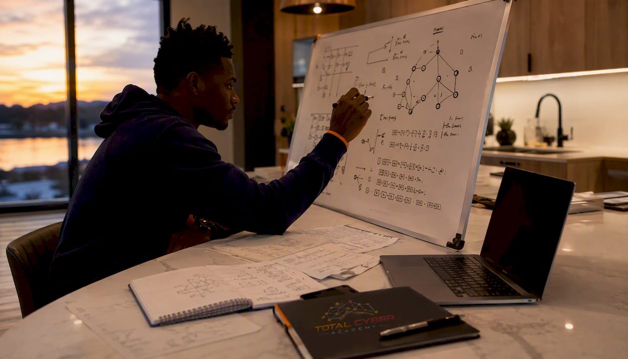 Cybersecurity student typing encryption notes at home desk