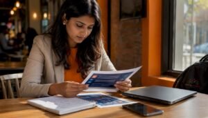 Woman reviewing PII training documents in coworking space