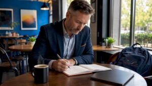 Veteran planning networking strategy at home desk