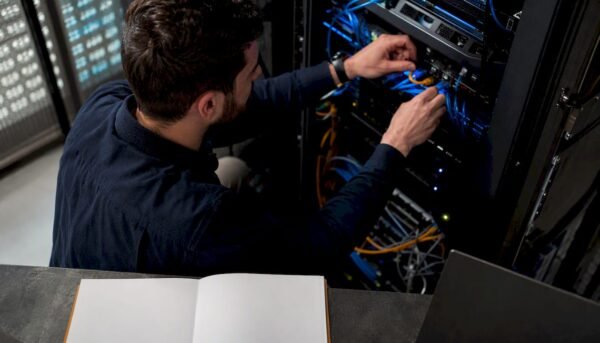 Hands configuring cloud infrastructure security hardware