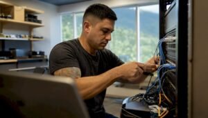 Veteran connecting network cables in training lab