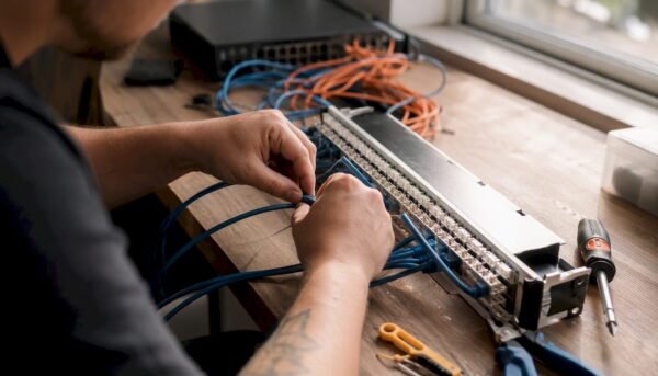 Hands connecting network cables in a cyber lab