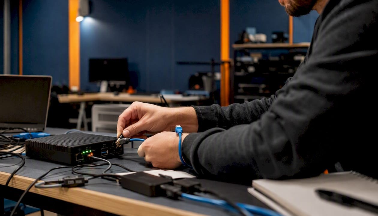 Hands configuring cybersecurity training hardware