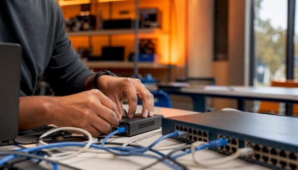 Hands connecting cybersecurity testing hardware