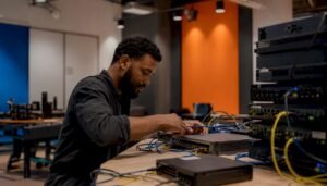 Hands connecting cyber range network hardware