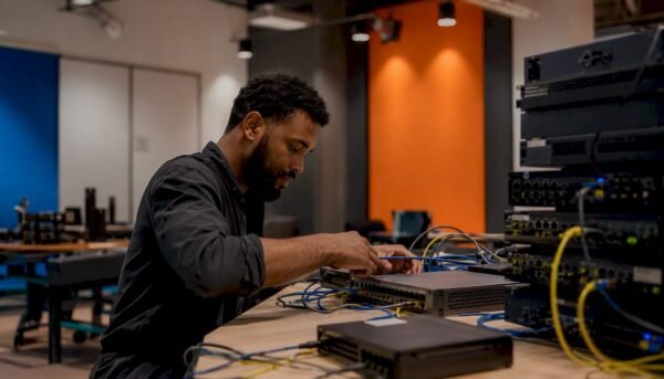 Hands connecting cyber range network hardware
