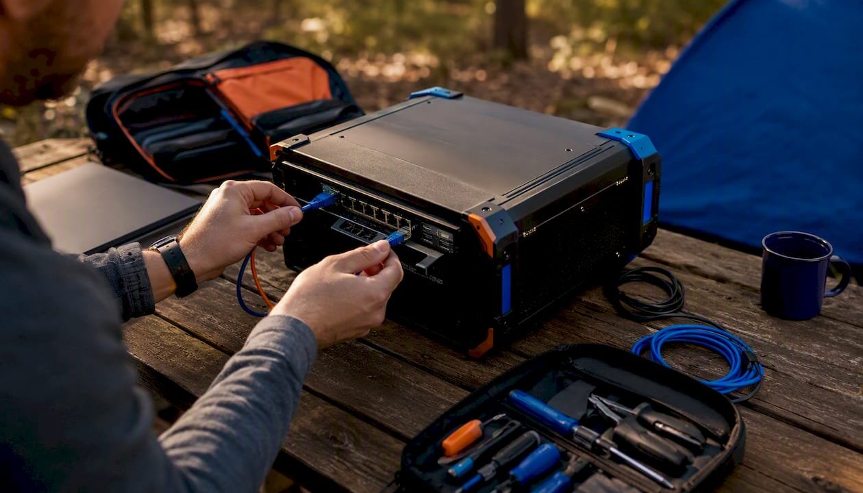 Hands connecting portable cyber range hardware outdoors