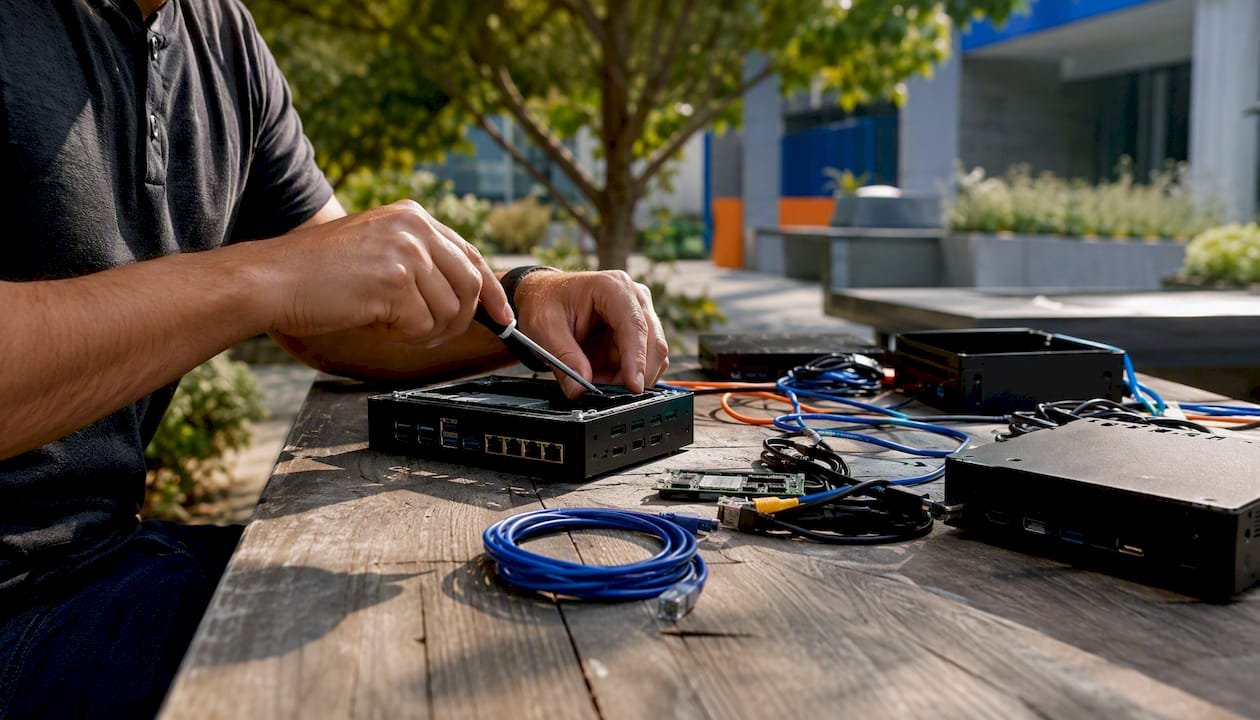 Hands assembling cybersecurity training hardware modules