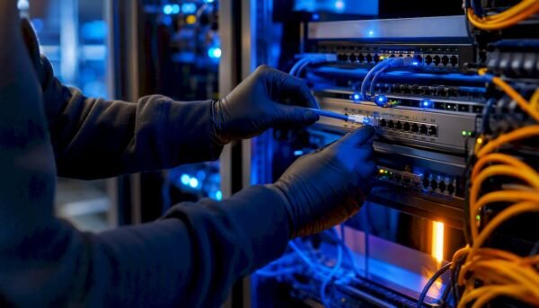 Hands configuring network hardware in cybersecurity lab