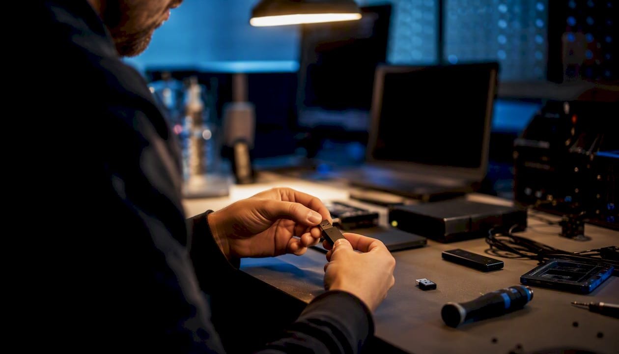 Hands preparing USB drive in cybersecurity lab