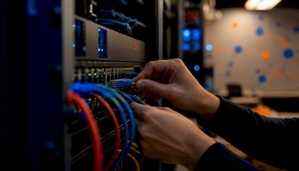 Hands connecting network cables in cybersecurity lab
