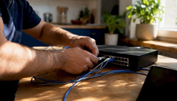 Hands connecting Ethernet cable to network switch