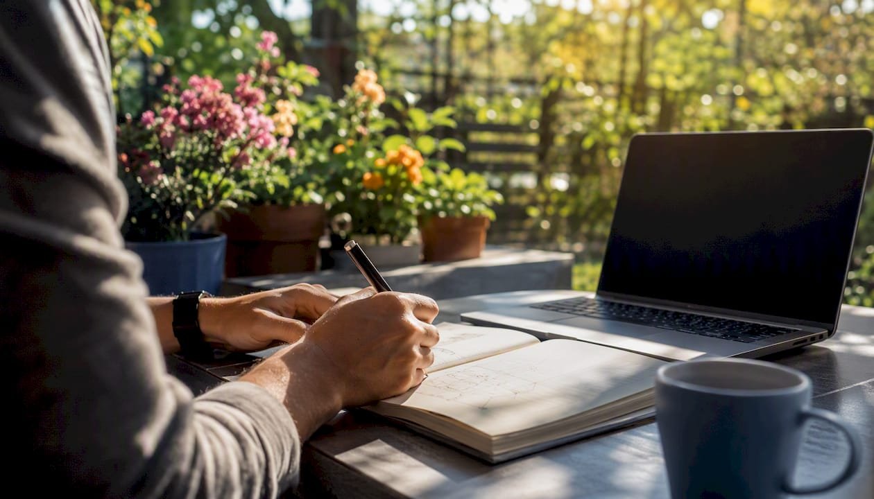 Hands writing career roadmap in journal