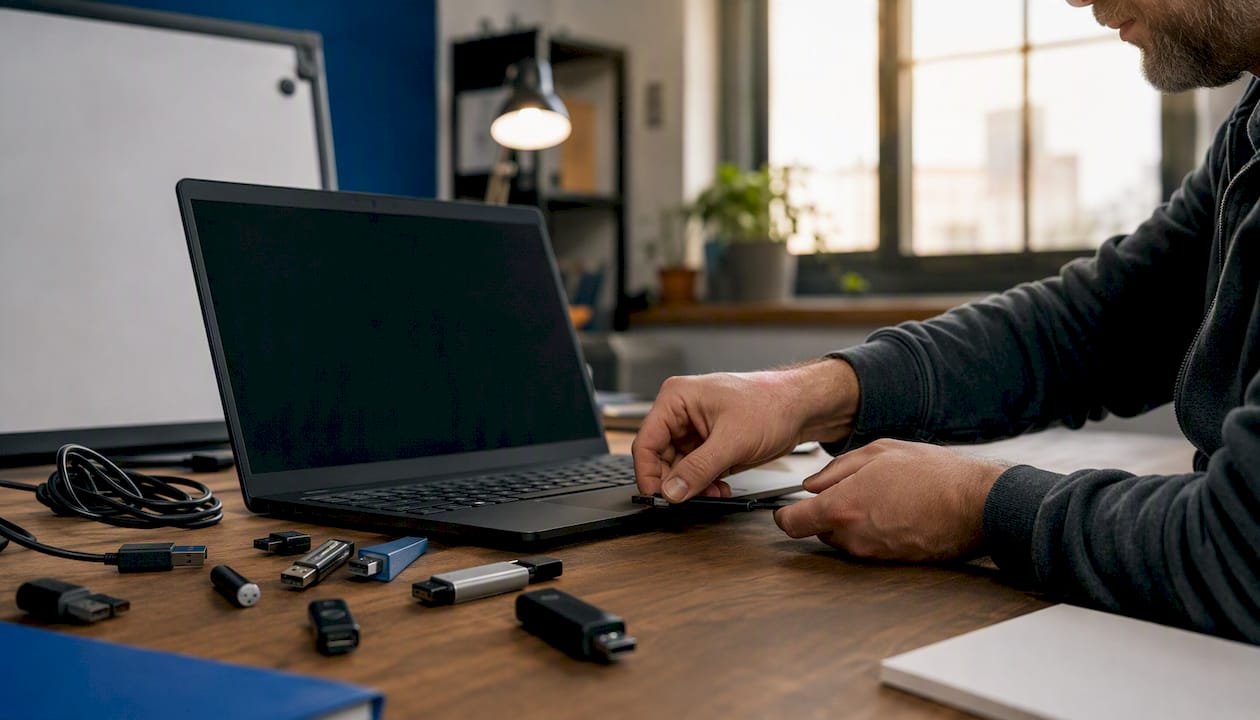 Hands plugging USB during capture-the-flag setup