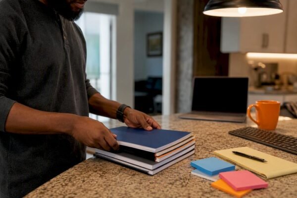 Hands organizing cybersecurity study materials