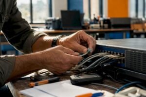 Hands connecting network cables in cybersecurity lab