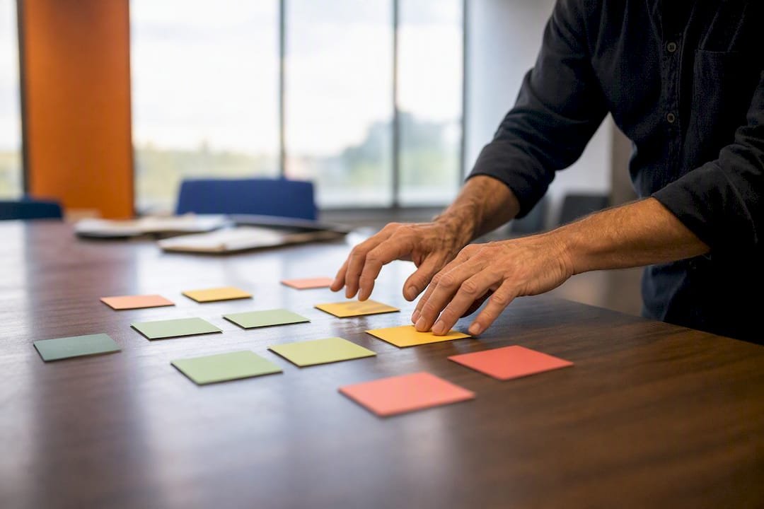 Hands arranging risk scoring cards