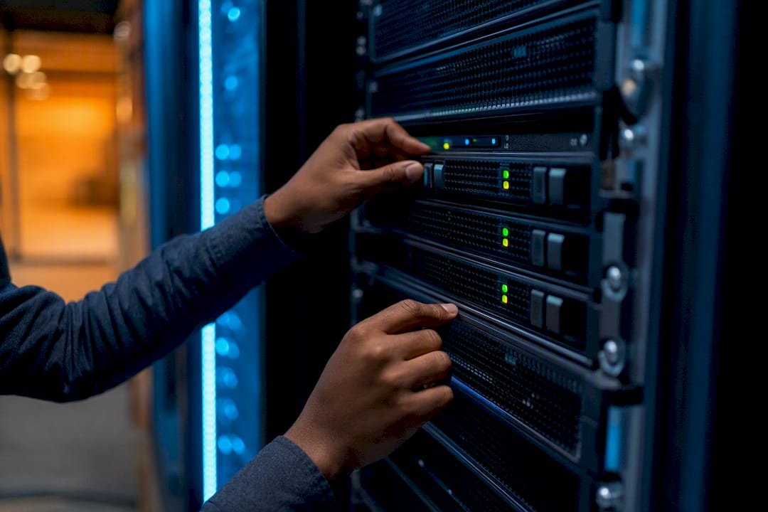 Hands checking replication indicator lights on server