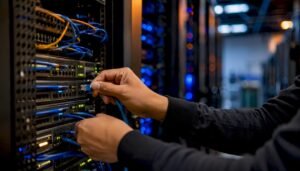 Hands connecting Ethernet cable in server rack