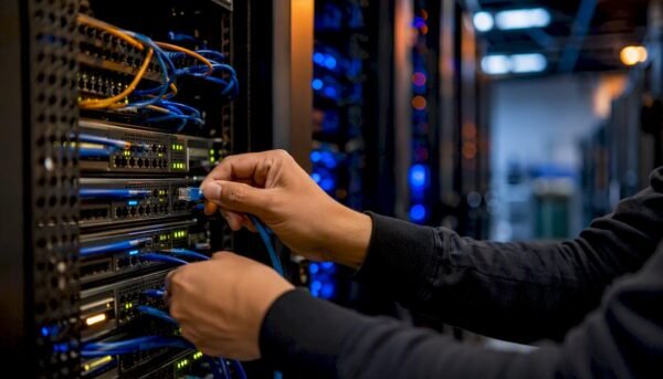 Hands connecting Ethernet cable in server rack
