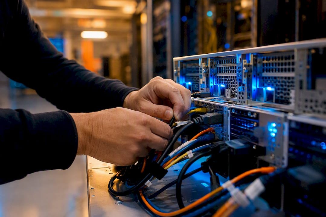 Hands connecting cables to server hardware