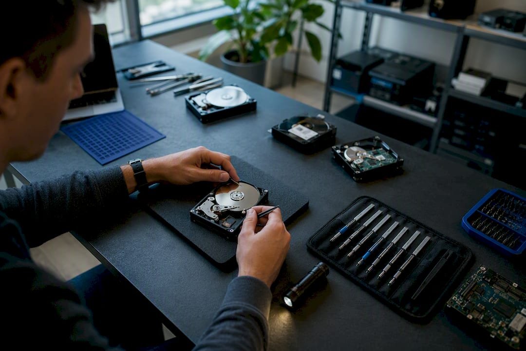 Hands examining hard drive components