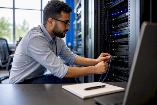 Hands connecting network cable to server