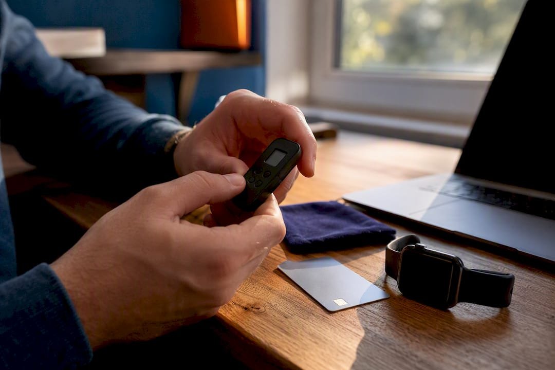 Hands using multi-factor authentication hardware token